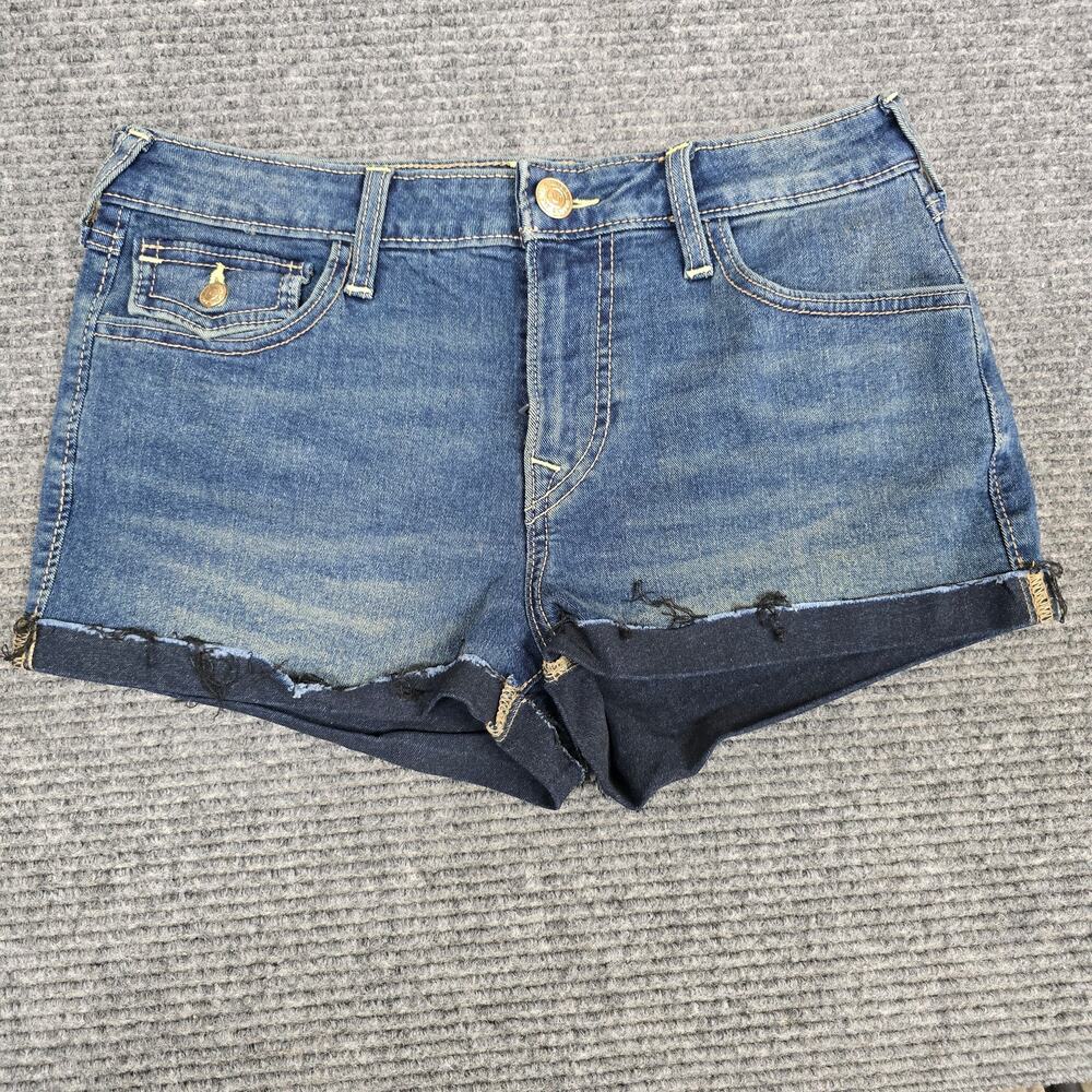 True Religion Jennie Curvy Shorts Womens 29 Blue Mid Rise Flap Denim Cutoff